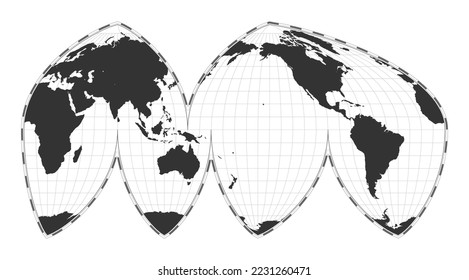 Mapa del mundo de los vectores. La proyección eumórfica interrumpida de Bogg. Mapa geográfico del mundo plano con líneas de latitud y longitud. Centrado en la longitud de 180 grados. Ilustración vectorial.