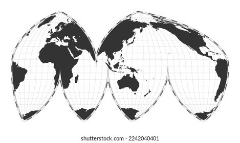 Vector world map. Boggs' interrupted eumorphic projection. Plain world geographical map with latitude and longitude lines. Centered to 120deg W longitude. Vector illustration.