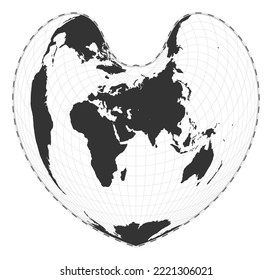 Vector world map. Bonne pseudoconical equal-area projection. Plane world geographical map with latitude and longitude lines. Centered to 60 degrees W longitude. Vector illustration.