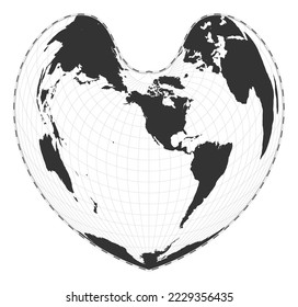 Vector world map. Bonne pseudoconical equal-area projection. Plain world geographical map with latitude and longitude lines. Centered to 120 degrees East longitude. Vector illustration.