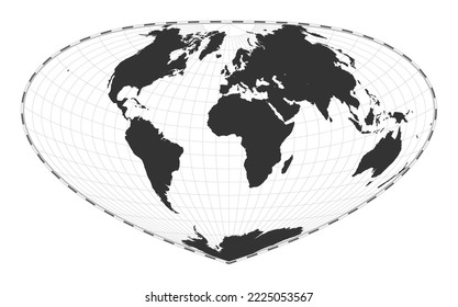 Vector world map. Bottomley projection. Plain world geographical map with latitude and longitude lines. Centered to 0 degrees longitude. Vector illustration.