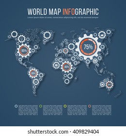 Vector world map business infographics template with gear marks. All continents are selectable.