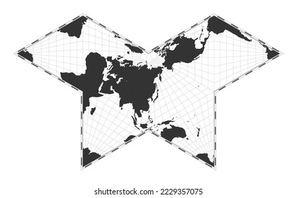 Vector world map. Collignon butterfly projection. Plain world geographical map with latitude and longitude lines. Centered to 120deg W longitude. Vector illustration.