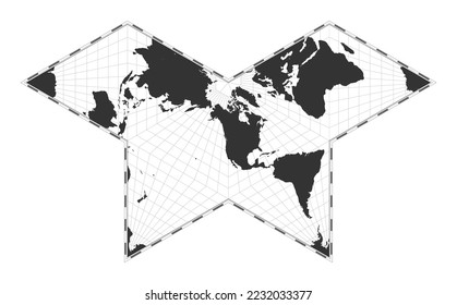 Vector world map. Collignon butterfly projection. Plain world geographical map with latitude and longitude lines. Centered to 120deg E longitude. Vector illustration.