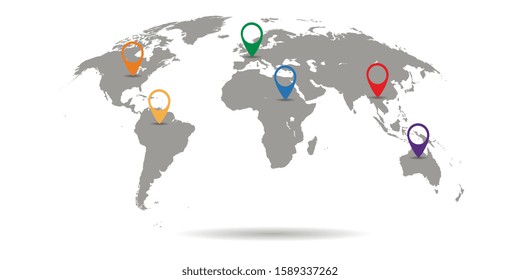 Vector world map with color pins. Grey color. 3d graphic background for business projects.