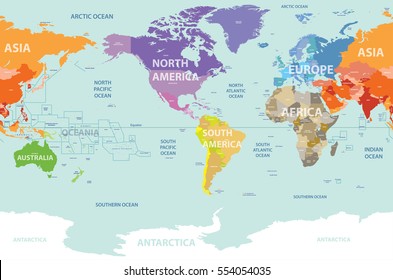 vector world map colored by continents and centered by America