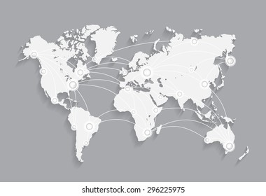 Vector world map connection network on gray background