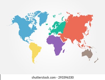 Vector World map with continent in different color ( flat design ) 