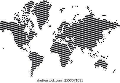 Um mapa de mundo vetorial criado a partir de formas circulares pretas, apresentando um design exclusivo e moderno. O conceito minimalista é perfeito para infográficos, apresentações, web design e projetos criativos. Fácil