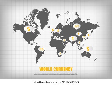 Vector : World map and currency in bubble quotes for each country