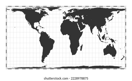 Vector world map. Cylindrical equal-area projection. Plain world geographical map with latitude and longitude lines. Centered to 0deg longitude. Vector illustration.