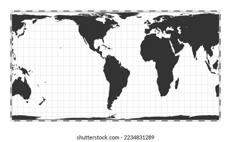 Vector world map. Cylindrical equal-area projection. Plain world geographical map with latitude and longitude lines. Centered to 60 degrees East longitude. Vector illustration.