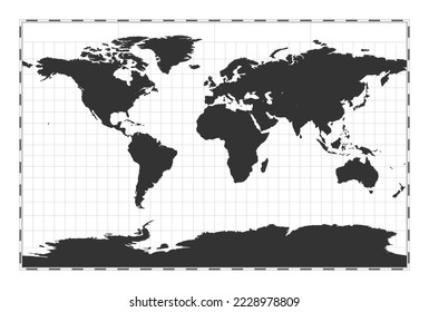 Vector world map. Cylindrical stereographic projection. Plain world geographical map with latitude and longitude lines. Centered to 0 degrees longitude. Vector illustration.