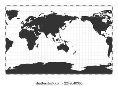 Vektorweltkarte. zylindrische stereographische Projektion. Einfache geografische Karte mit Breiten- und Längenlinien. Zentriert auf den Längengrad von 120deg. Vektorgrafik.