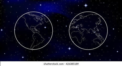 Vector world map, east and west hemispheres on starry space sky background. Elements of this image furnished by NASA
