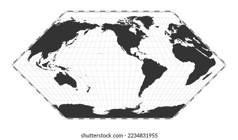 Vector world map. Eckert I projection. Plain world geographical map with latitude and longitude lines. Centered to 120deg E longitude. Vector illustration.