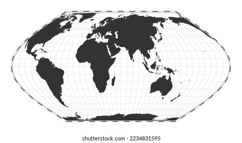 Mapa del mundo de los vectores. Proyección Eckert VI. Mapa geográfico del mundo plano con líneas de latitud y longitud. Centrado en la longitud de 60 grados W. Ilustración vectorial.