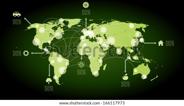 Vector world map with eco\
symbols.