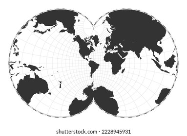 Vector world map. Eisenlohr conformal projection. Plain world geographical map with latitude and longitude lines. Centered to 60 degrees E longitude. Vector illustration.