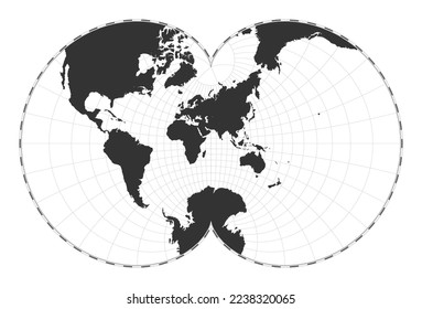 Vector world map in Eisenlohr conformal projection, featuring latitude and longitude lines, centered at 60 degrees west longitude.