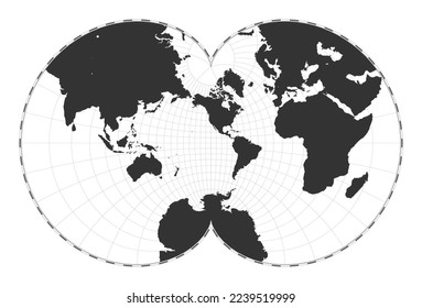 Vector world map. Eisenlohr conformal projection. Plain world geographical map with latitude and longitude lines. Centered to 120deg E longitude. Vector illustration.