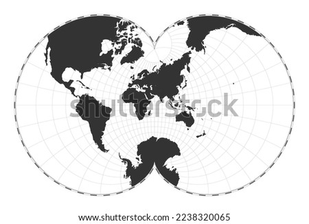Vector world map in Eisenlohr conformal projection, featuring latitude and longitude lines, centered at 60 degrees west longitude.