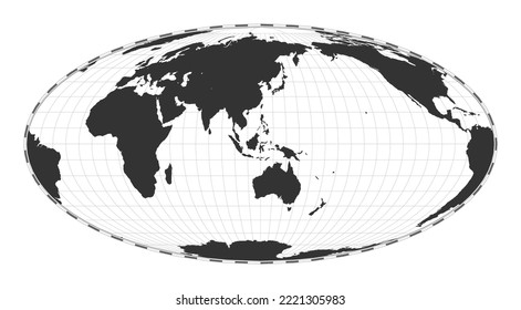 Vector world map. Equal-area, pseudocylindrical Mollweide projection. Plan world geographical map with latitudelongitude lines. Centered to 120deg W longitude. Vector illustration.