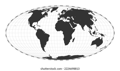 Vector world map. Equal-area, pseudocylindrical Mollweide projection. Plain world geographical map with latitude and longitude lines. Centered to 0 degrees longitude. Vector illustration.
