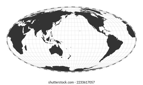 Vector world map. Equal-area, pseudocylindrical Mollweide projection. Plain world geographical map with latitude and longitude lines. Centered to 180deg longitude. Vector illustration.