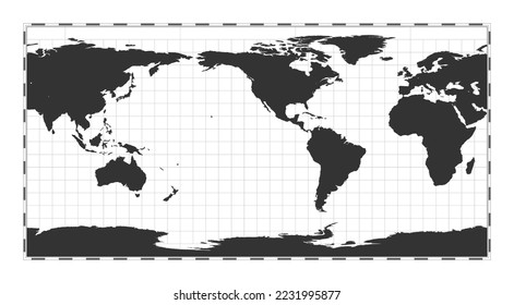 Vector world map. Equirectangular (plate carree) projection. Plain world geographical map with latitude and longitude lines. Centered to 120deg E longitude. Vector illustration. svg