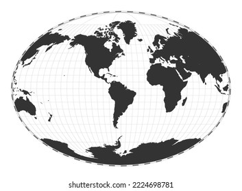 Vector world map. Fahey pseudocylindrical projection. Plain world geographical map with latitude and longitude lines. Centered at 60 degrees East longitude. Vector illustration.