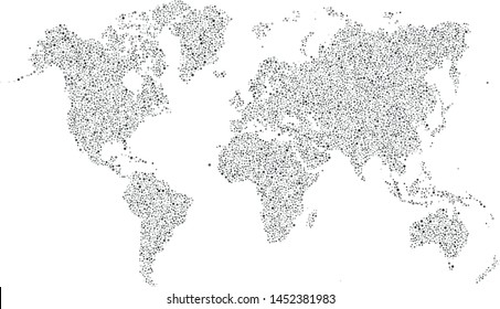 Vector world map filled with a texture of randomly arranged gray circles of various sizes and shades