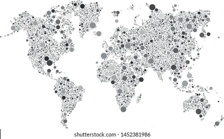 Vector world map filled with a texture of randomly arranged gray circles of various sizes and shades