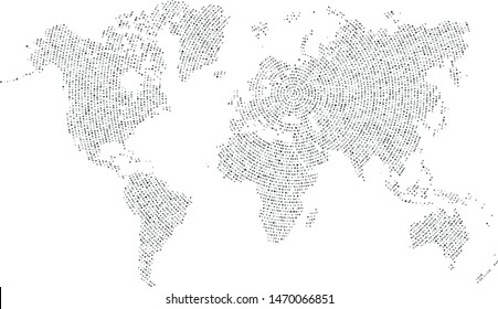 Vector world map filled with a texture of concentric circles with the center in Moscow
