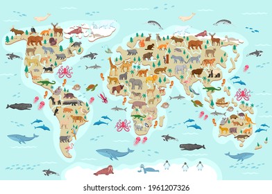 The vector world map with flat cartoon wild animals for kids.South America,Asia,Europe,North America,Africa,Australia,Atlantic Ocean,Indian Ocean,Pacific Ocean,Arctic Ocean with different animals.
