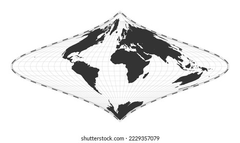 Vector world map. Focault's stereographic equivalent projection. Plain world geographical map with latitude and longitude lines. Centered to 0 degrees longitude. Vector illustration.