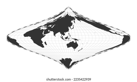 Vector world map. Focault's stereographic equivalent projection. Plain world geographical map with latitude and longitude lines. Centered to 120deg W longitude. Vector illustration.