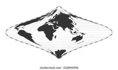 Vector world map. Focaut's stereographic equivalent projection. Plain world geographical map with latitude and longitude lines. Centered to 60deg W longitude. Vector illustration.