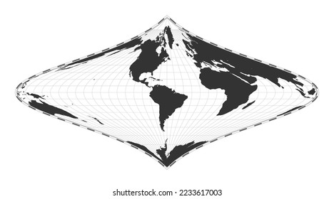Vector world map. Foucault's stereographic equivalent projection. Plain world geographical map with latitude and longitude lines. Centered to 60 degrees E longitude. Vector illustration.