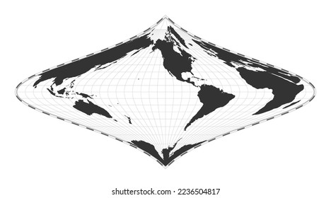 Vector world map. Foucault's stereographic equivalent projection. Plain world geographical map with latitude and longitude lines. Centered at 120 degrees E longitude. Vector illustration.
