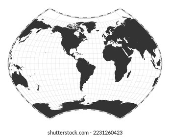 Mapa del mundo de los vectores. Proyección de Ginzburg IX. Mapa geográfico del mundo plano con líneas de latitud y longitud. Centrado en la longitud E de 60 grados. Ilustración vectorial.