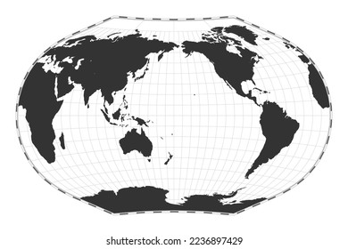 Vektorweltkarte. Ginzburg V-Projektion. Einfache geografische Karte mit Breiten- und Längenlinien. Zentriert auf den Längengrad von 180°. Vektorgrafik.