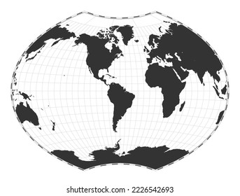 Vector world map. Ginzburg VI projection. Plain world geographical map with latitude and longitude lines. Centered to 60 degrees E longitude. Vector illustration.