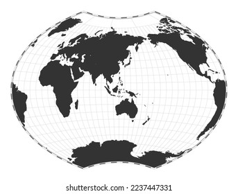 Mapa del mundo de los vectores. Proyección de Ginzburg VI. Mapa geográfico del mundo plano con líneas de latitud y longitud. Centrado en la longitud de 120 grados W. Ilustración vectorial.