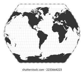 Vector world map. Ginzburg VIII projection. Plain world geographical map with latitude and longitude lines. Centered to 60deg E longitude. Vector illustration.