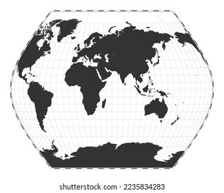 Mapa del mundo de los vectores. Proyección Ginzburg VIII. Mapa geográfico del mundo plano con líneas de latitud y longitud. Centrado en la longitud de 60 grados W. Ilustración vectorial.