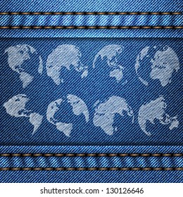 Vector of World Map Globe on the Blue Denim Texture Background, EPS 10.