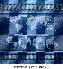 Vector of World Map Globe on the Blue Denim Texture Background, EPS 10.