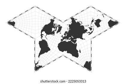Vector world map. Gnomonic butterfly projection. Plain world geographical map with latitude and longitude lines. Centered to 0deg longitude. Vector illustration.