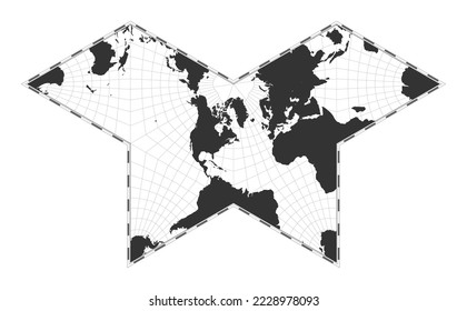 Vector world map in a gnomonic butterfly projection. A plain geographical map with latitude and longitude lines, centered at 60 degrees East longitude. Vector illustration.